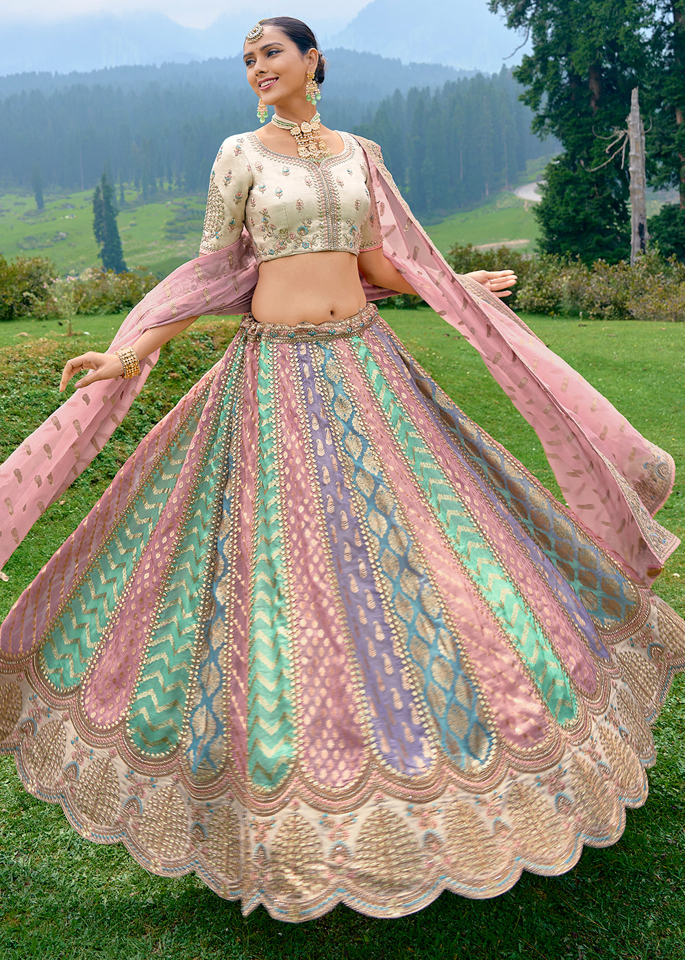 Ballerina Pink Dola Silk Lehenga Choli with Embroidery, Zari, Resham & Stone Work