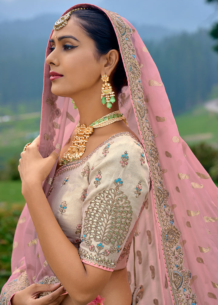 Ballerina Pink Dola Silk Lehenga Choli with Embroidery, Zari, Resham & Stone Work