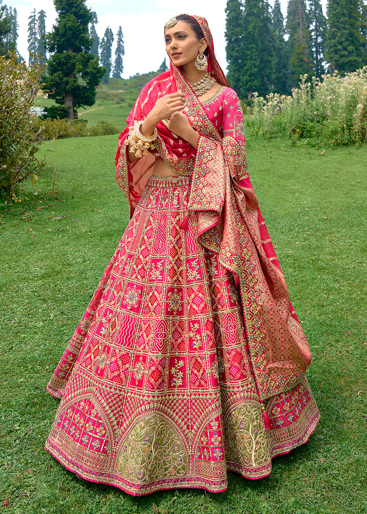 Cerise Pink Dola Silk Lehenga Choli with Embroidery, Zari, Resham & Stone Work