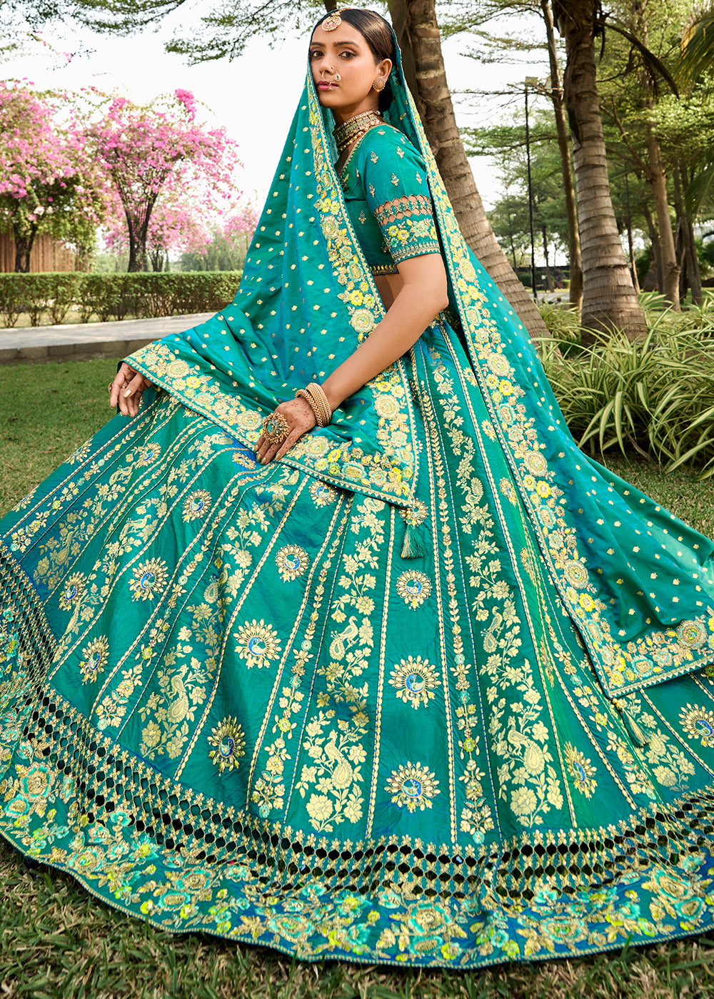 Dark Turquoise Green Banarasi Silk Lehenga Choli with Embroidery, Zari & Sequence Work