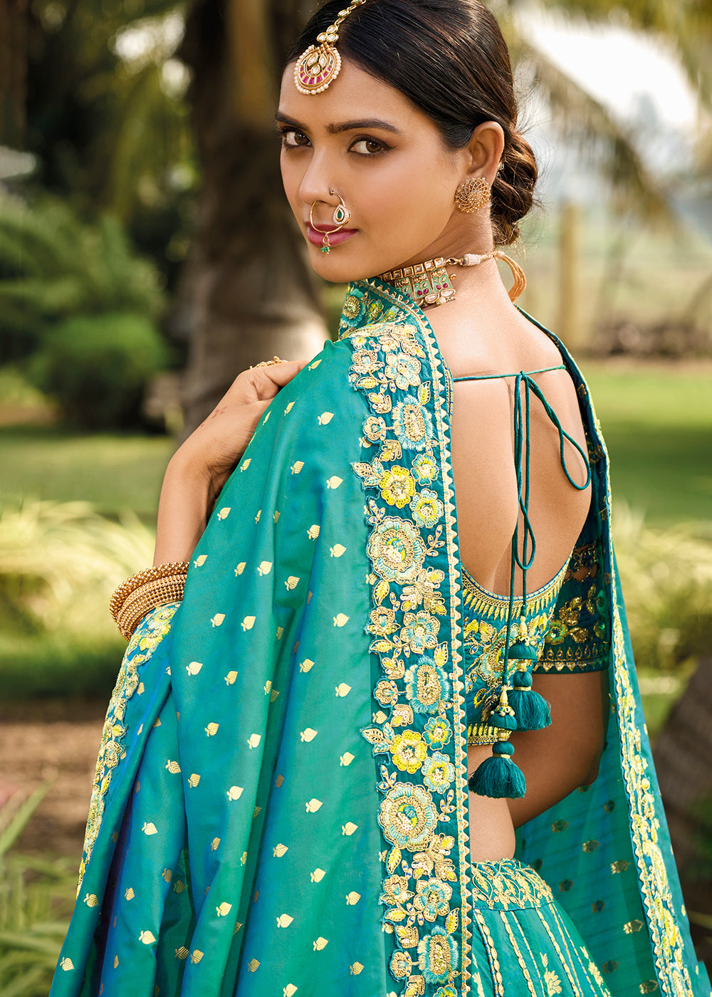 Dark Turquoise Green Banarasi Silk Lehenga Choli with Embroidery, Zari & Sequence Work