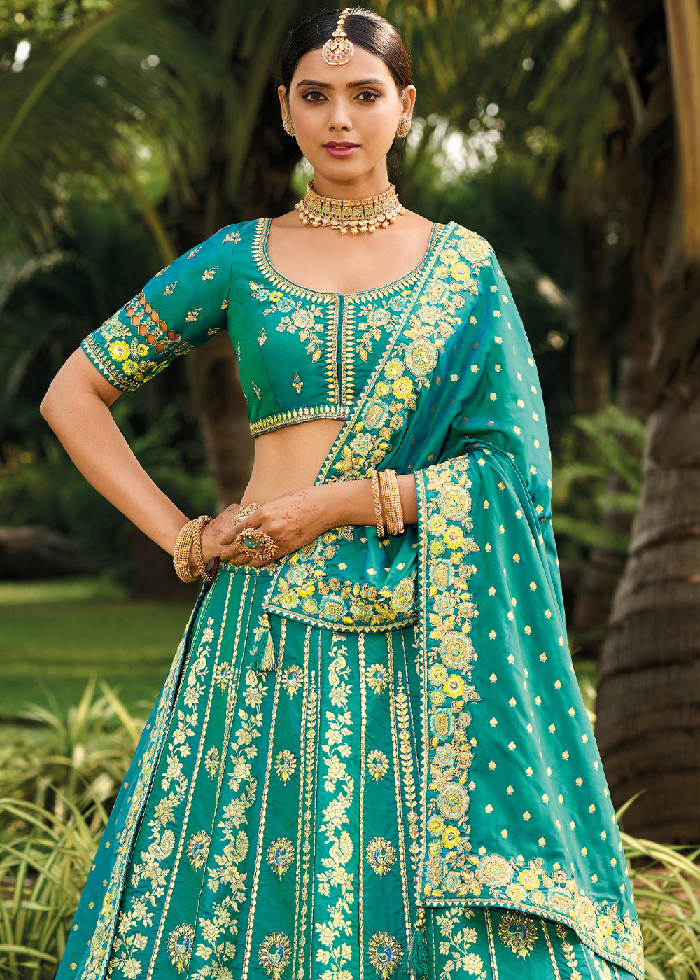 Dark Turquoise Green Banarasi Silk Lehenga Choli with Embroidery, Zari & Sequence Work