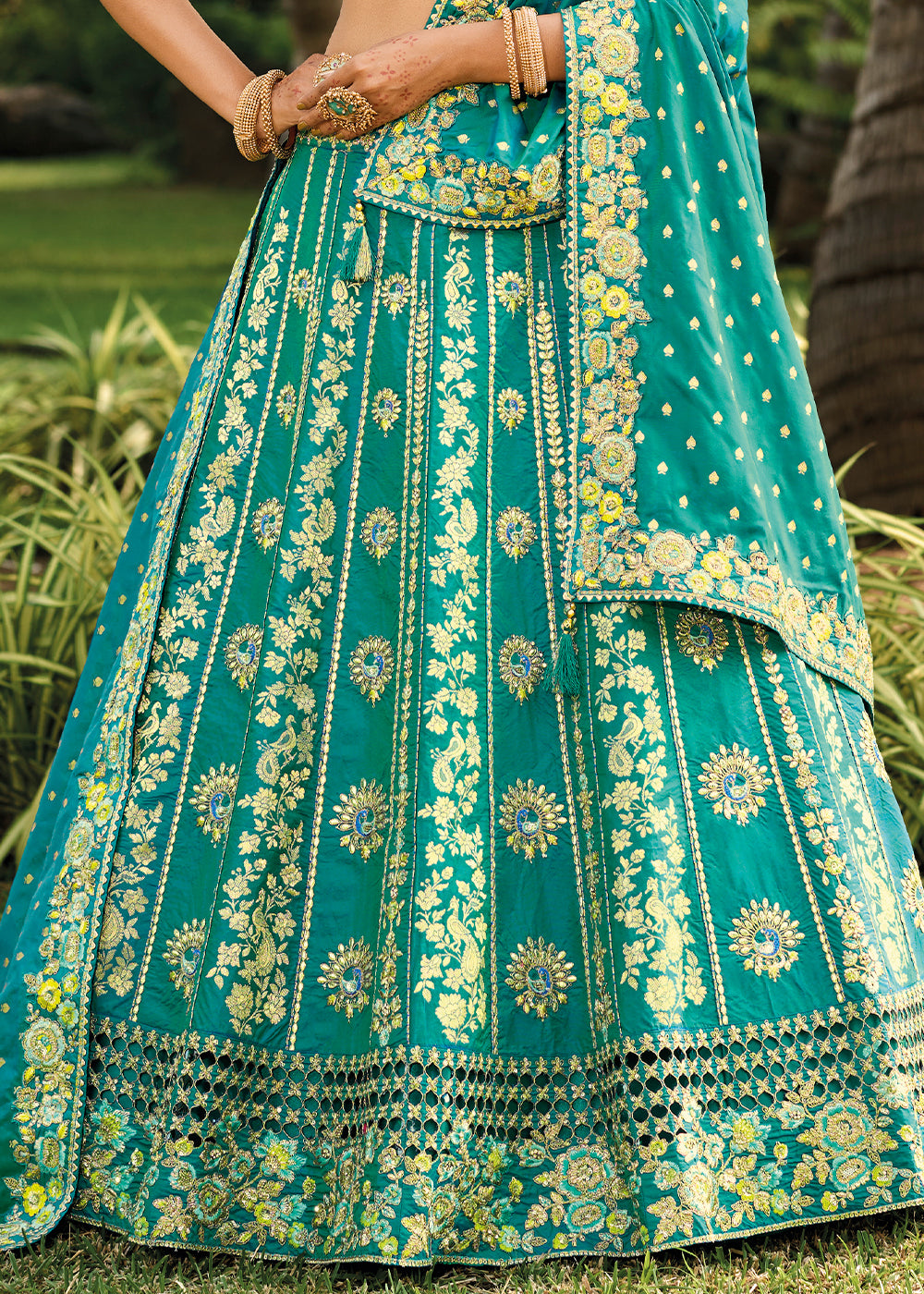 Dark Turquoise Green Banarasi Silk Lehenga Choli with Embroidery, Zari & Sequence Work