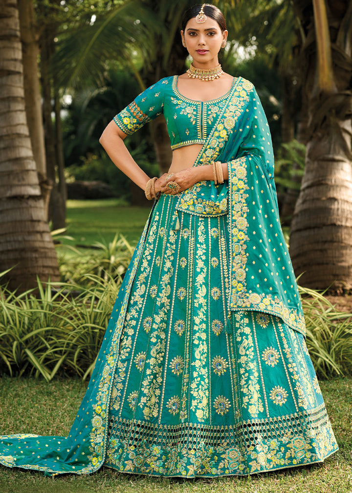 Dark Turquoise Green Banarasi Silk Lehenga Choli with Embroidery, Zari & Sequence Work