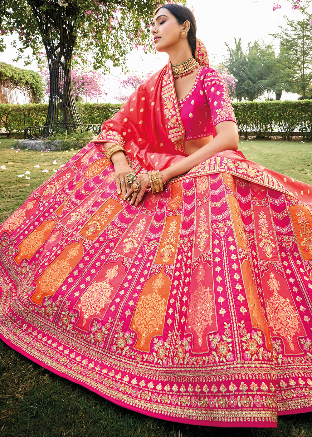 Magenta Pink & Red Banarasi Silk Lehenga Choli with Embroidery, Zari & Sequence Work