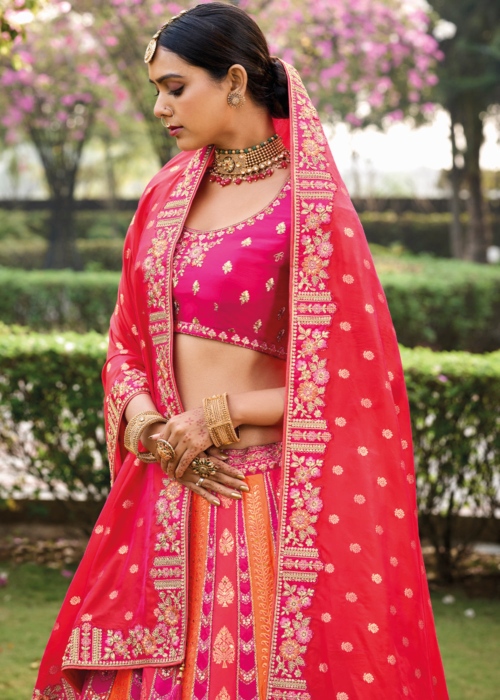 Magenta Pink & Red Banarasi Silk Lehenga Choli with Embroidery, Zari & Sequence Work