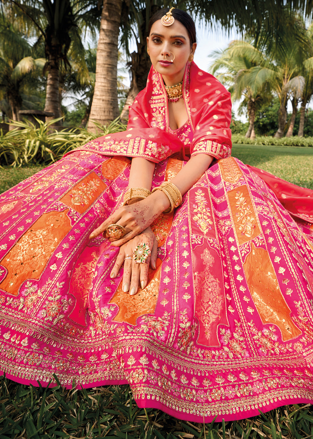 Magenta Pink & Red Banarasi Silk Lehenga Choli with Embroidery, Zari & Sequence Work