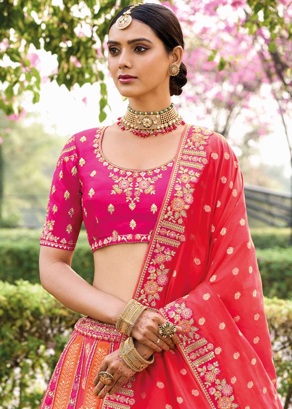 Magenta Pink & Red Banarasi Silk Lehenga Choli with Embroidery, Zari & Sequence Work