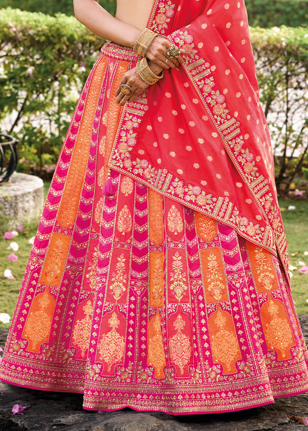 Magenta Pink & Red Banarasi Silk Lehenga Choli with Embroidery, Zari & Sequence Work