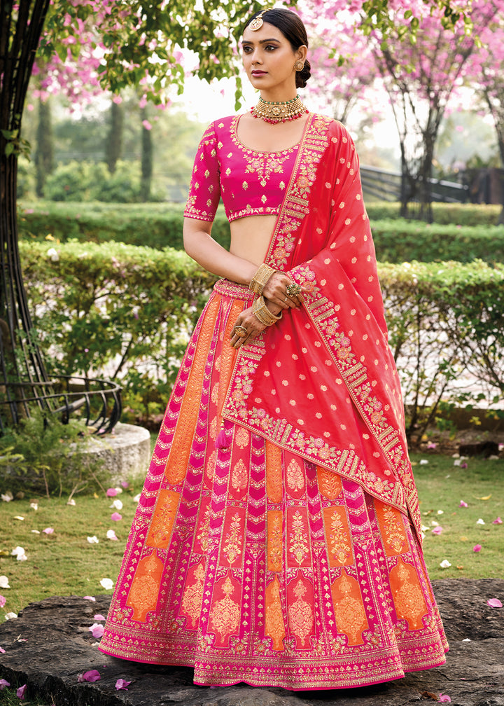 Magenta Pink & Red Banarasi Silk Lehenga Choli with Embroidery, Zari & Sequence Work