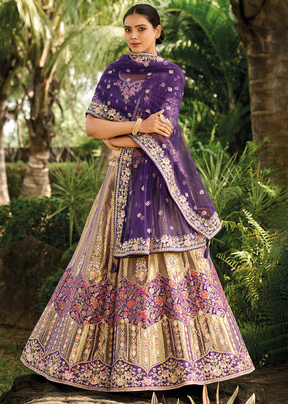 Brown & Purple Banarasi Silk Lehenga Choli with Embroidery, Zari & Sequence Work