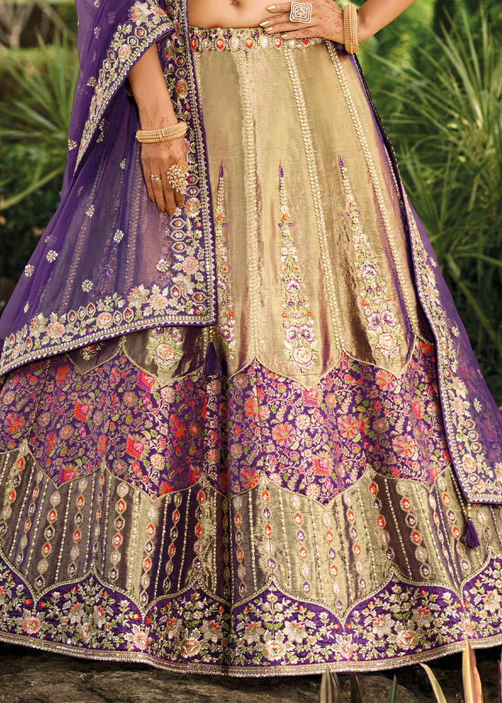 Brown & Purple Banarasi Silk Lehenga Choli with Embroidery, Zari & Sequence Work