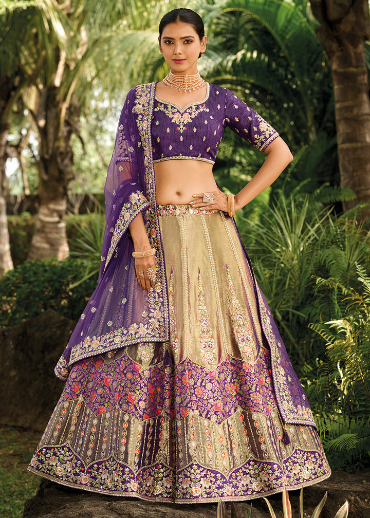 Brown & Purple Banarasi Silk Lehenga Choli with Embroidery, Zari & Sequence Work