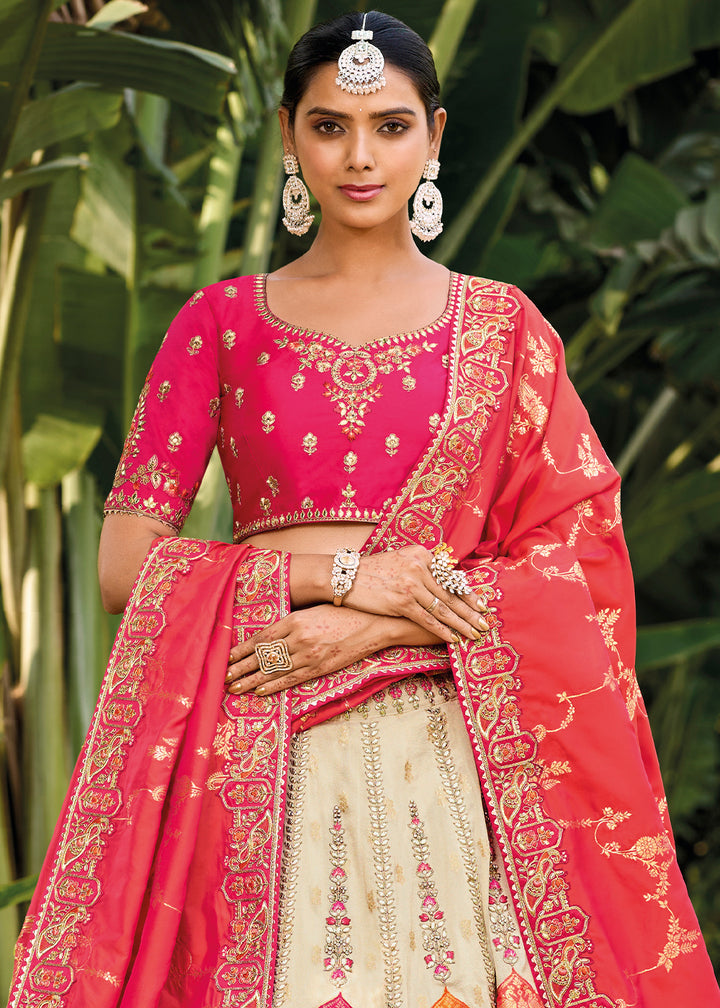 Parchment White & Pink Banarasi Silk Lehenga Choli with Embroidery, Zari & Sequence Work