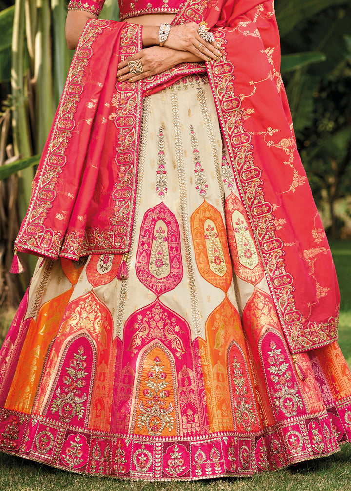 Parchment White & Pink Banarasi Silk Lehenga Choli with Embroidery, Zari & Sequence Work