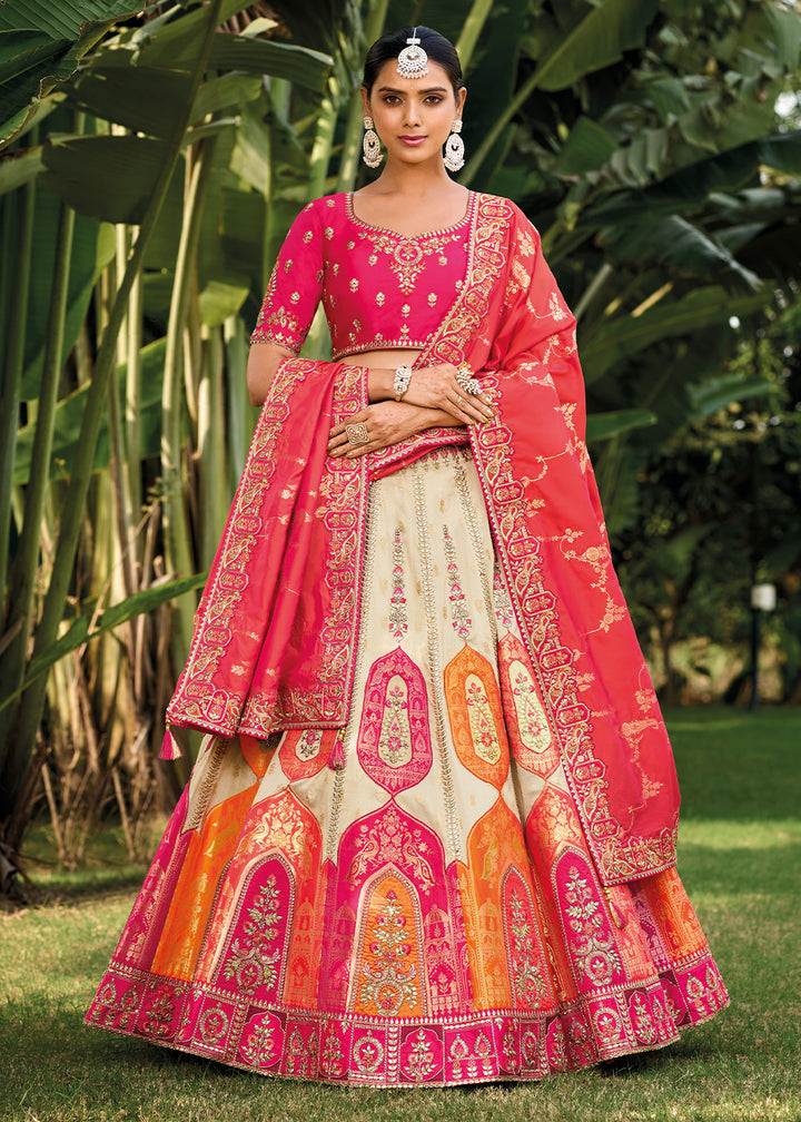 Parchment White & Pink Banarasi Silk Lehenga Choli with Embroidery, Zari & Sequence Work