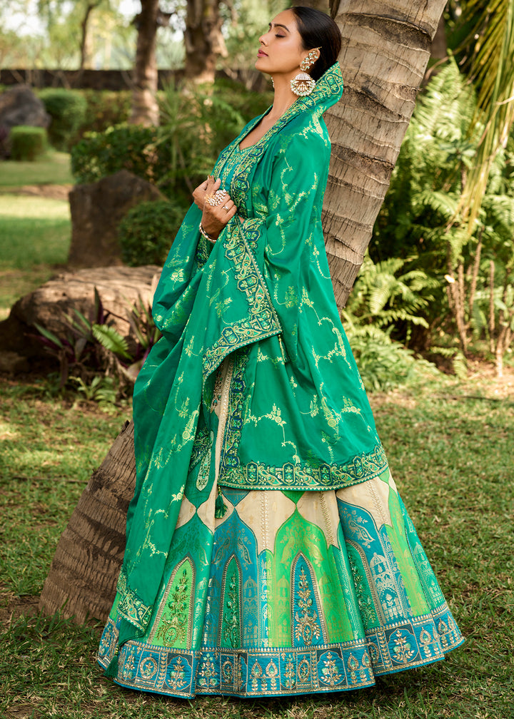 Cream White & Green Banarasi Silk Lehenga Choli with Embroidery, Zari & Sequence Work