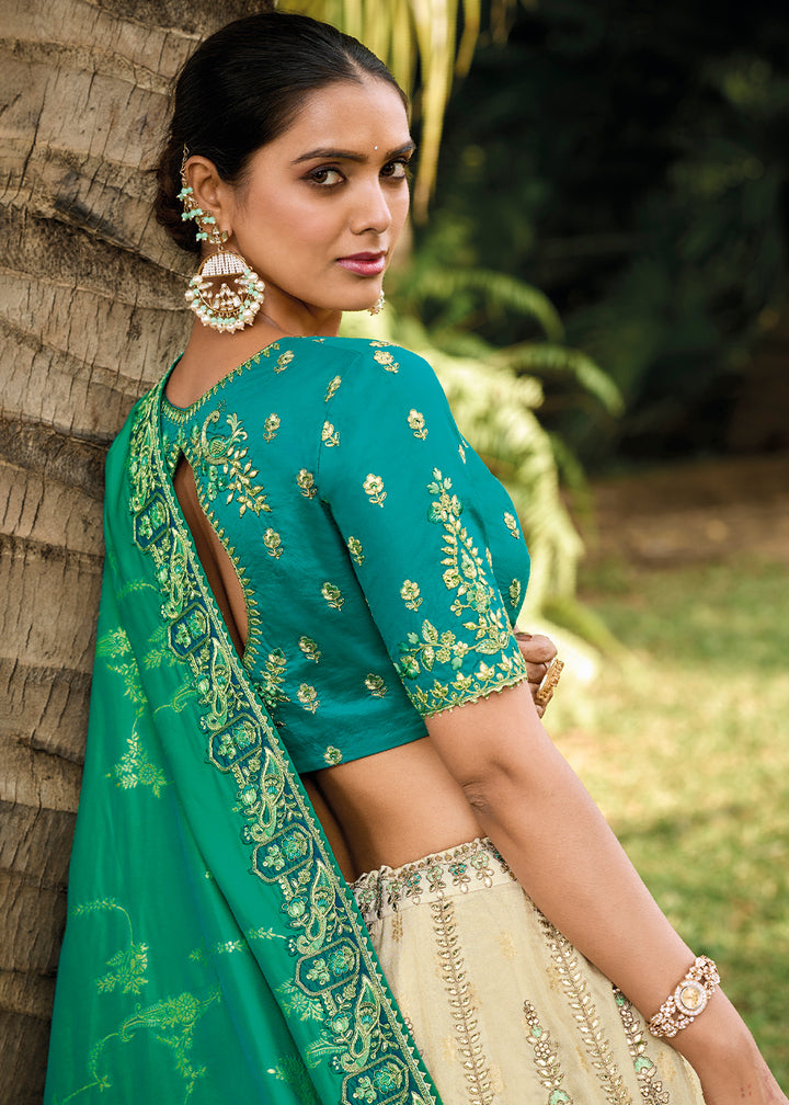 Cream White & Green Banarasi Silk Lehenga Choli with Embroidery, Zari & Sequence Work