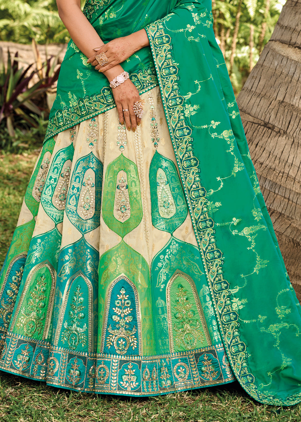 Cream White & Green Banarasi Silk Lehenga Choli with Embroidery, Zari & Sequence Work