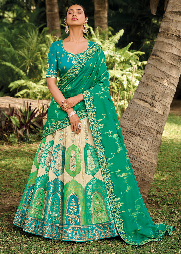 Cream White & Green Banarasi Silk Lehenga Choli with Embroidery, Zari & Sequence Work