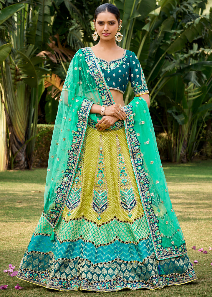 Yellow & Green Banarasi Silk Lehenga Choli with Embroidery, Zari & Sequence Work