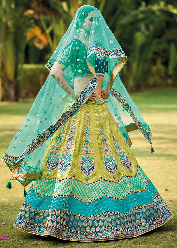 Yellow & Green Banarasi Silk Lehenga Choli with Embroidery, Zari & Sequence Work