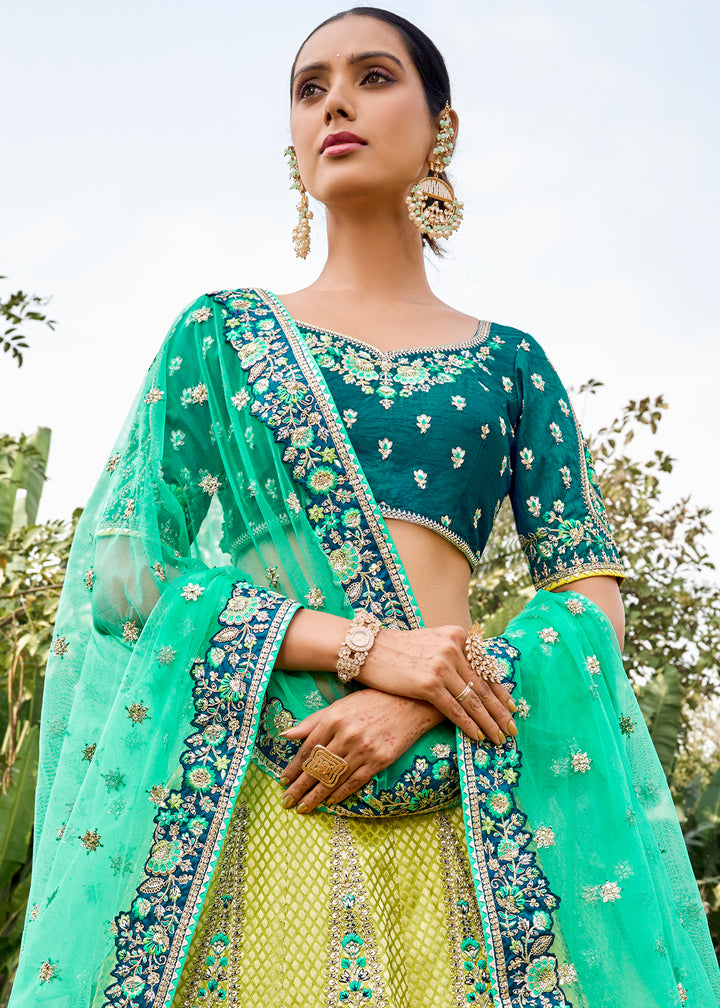 Yellow & Green Banarasi Silk Lehenga Choli with Embroidery, Zari & Sequence Work