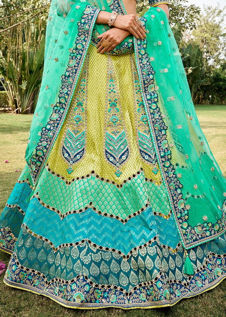 Yellow & Green Banarasi Silk Lehenga Choli with Embroidery, Zari & Sequence Work