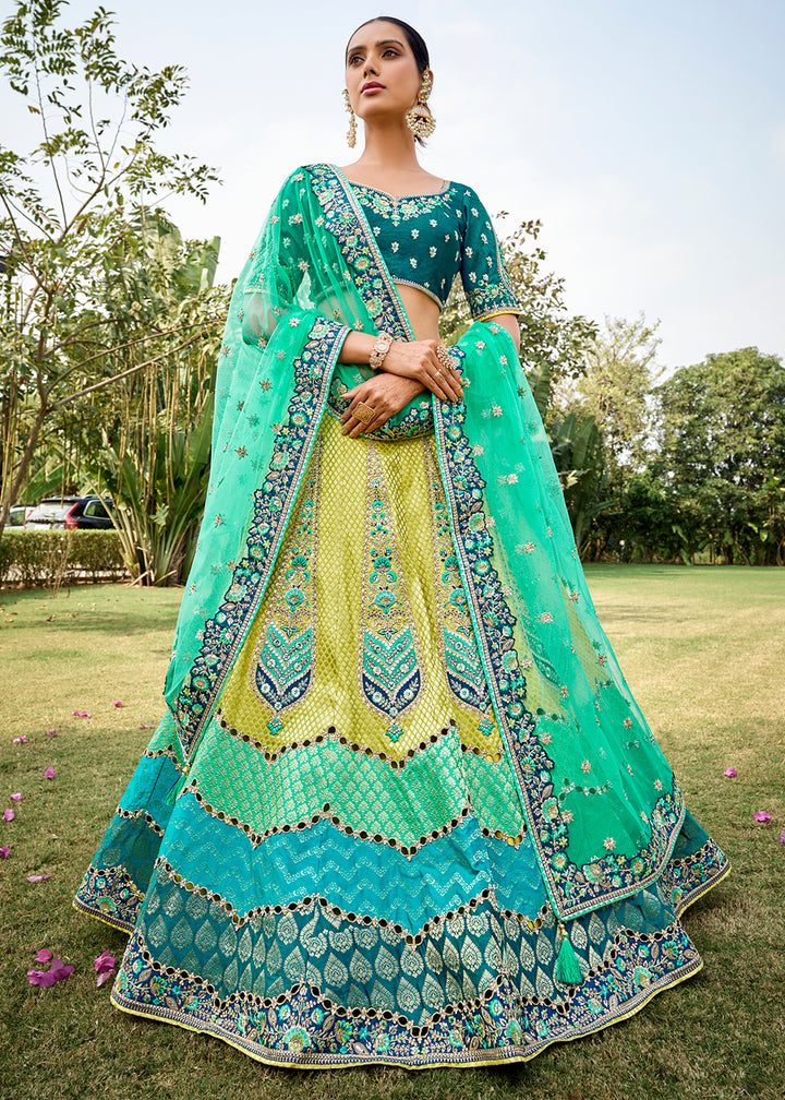 Yellow & Green Banarasi Silk Lehenga Choli with Embroidery, Zari & Sequence Work