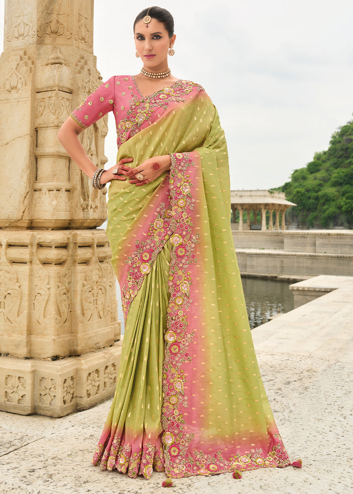 Pink and Green Handcrafted Gadwal Silk Saree with Beautiful Embroidery