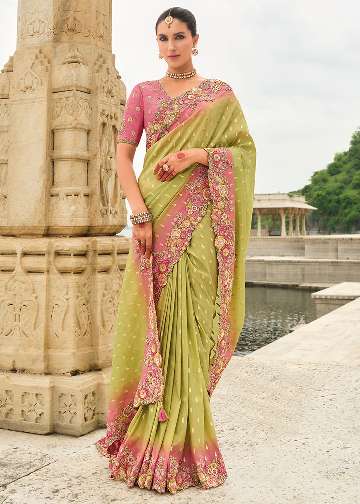 Pink and Green Handcrafted Gadwal Silk Saree with Beautiful Embroidery