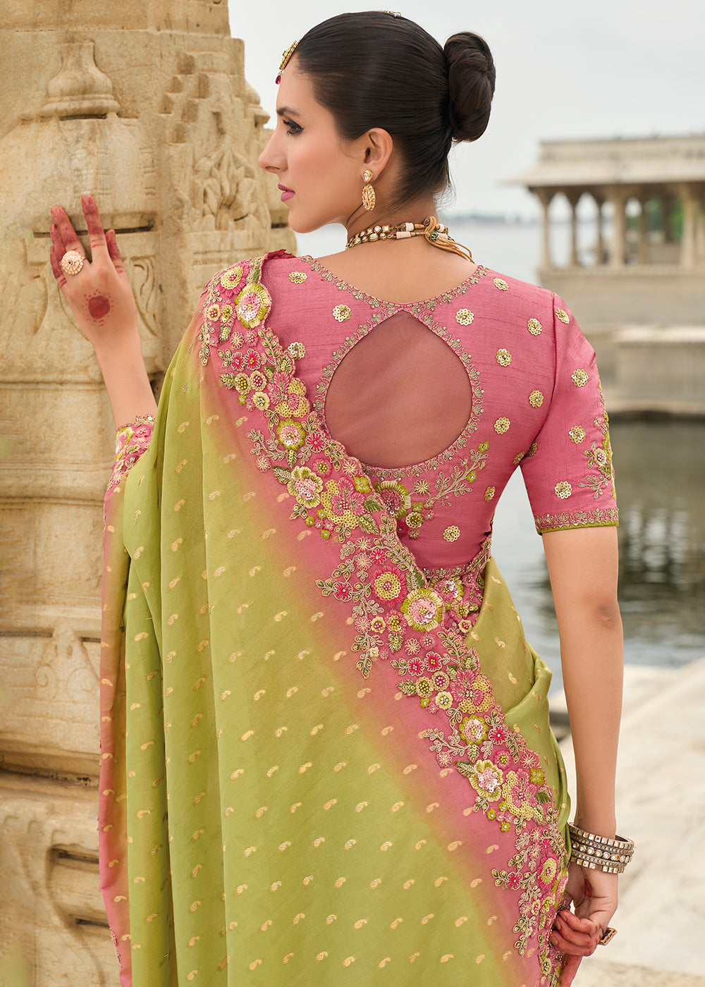 Pink and Green Handcrafted Gadwal Silk Saree with Beautiful Embroidery