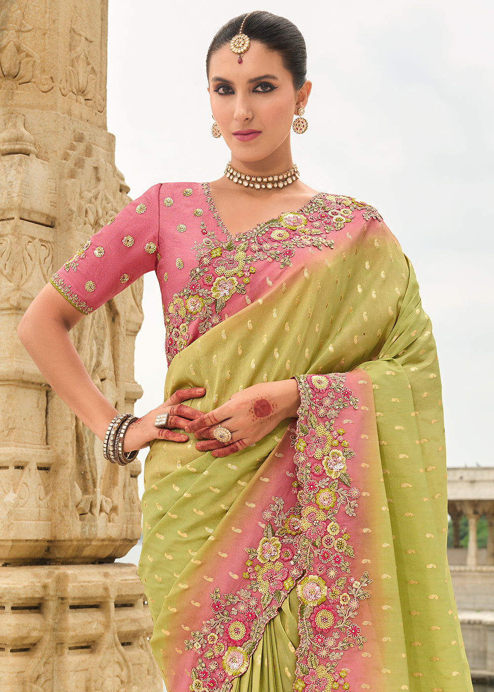 Pink and Green Handcrafted Gadwal Silk Saree with Beautiful Embroidery