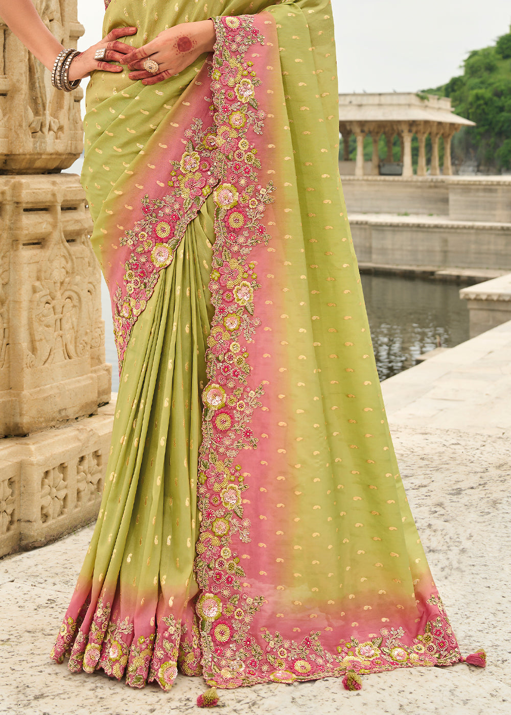 Pink and Green Handcrafted Gadwal Silk Saree with Beautiful Embroidery