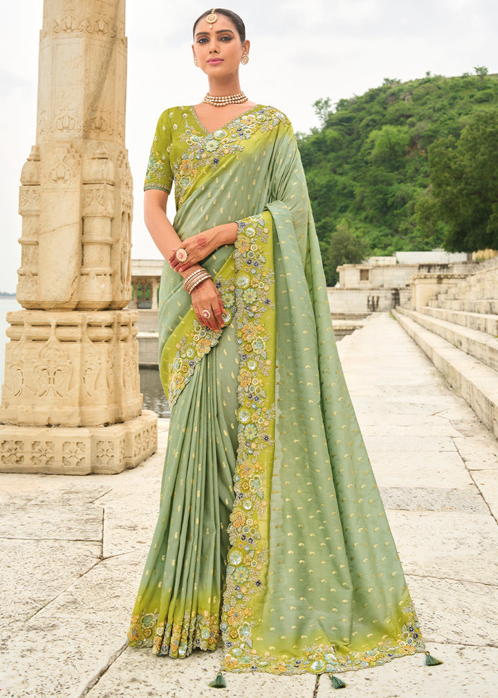 Pista Green Shaded Handcrafted Gadwal Silk Saree with Beautiful Embroidery