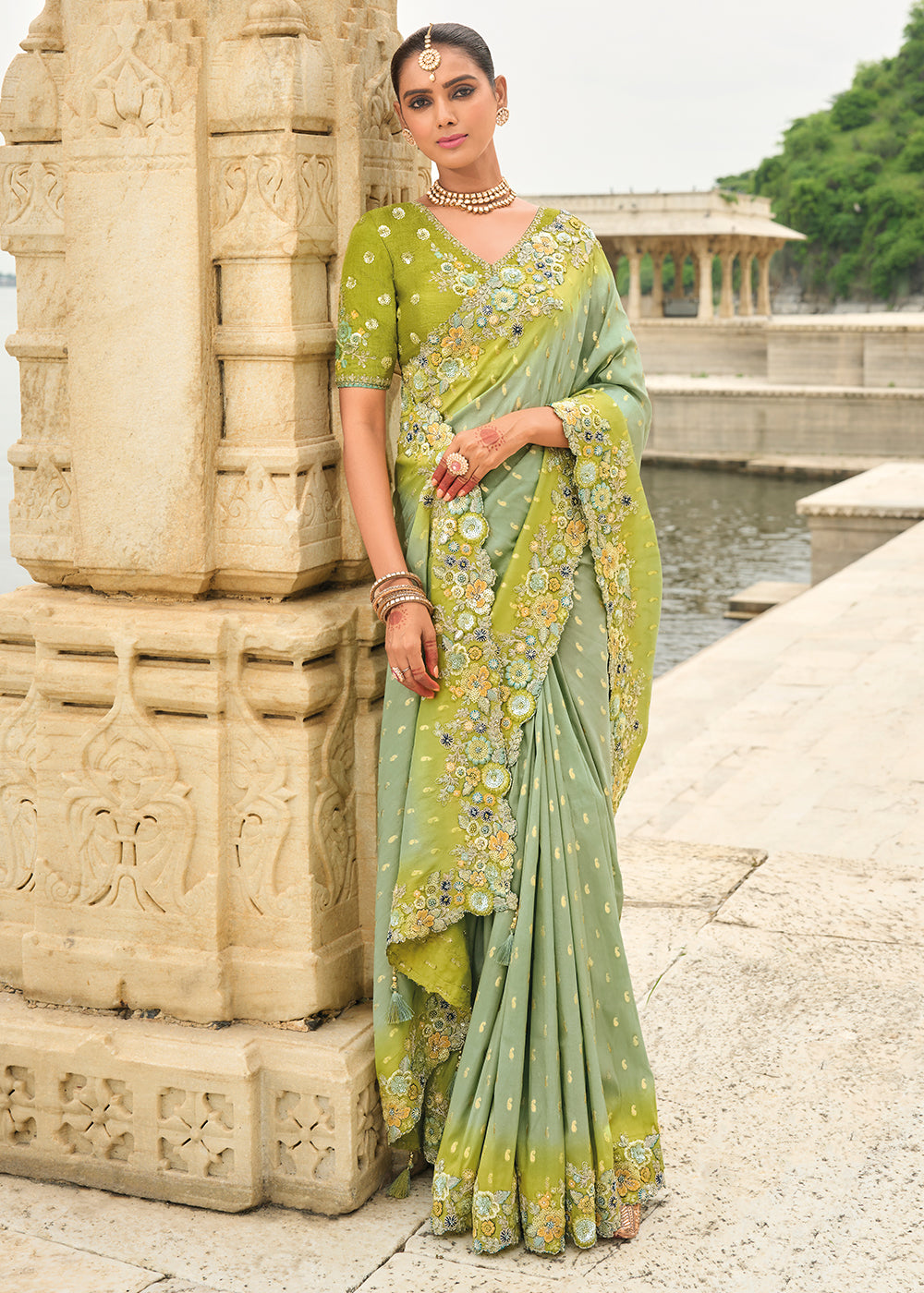 Pista Green Shaded Handcrafted Gadwal Silk Saree with Beautiful Embroidery