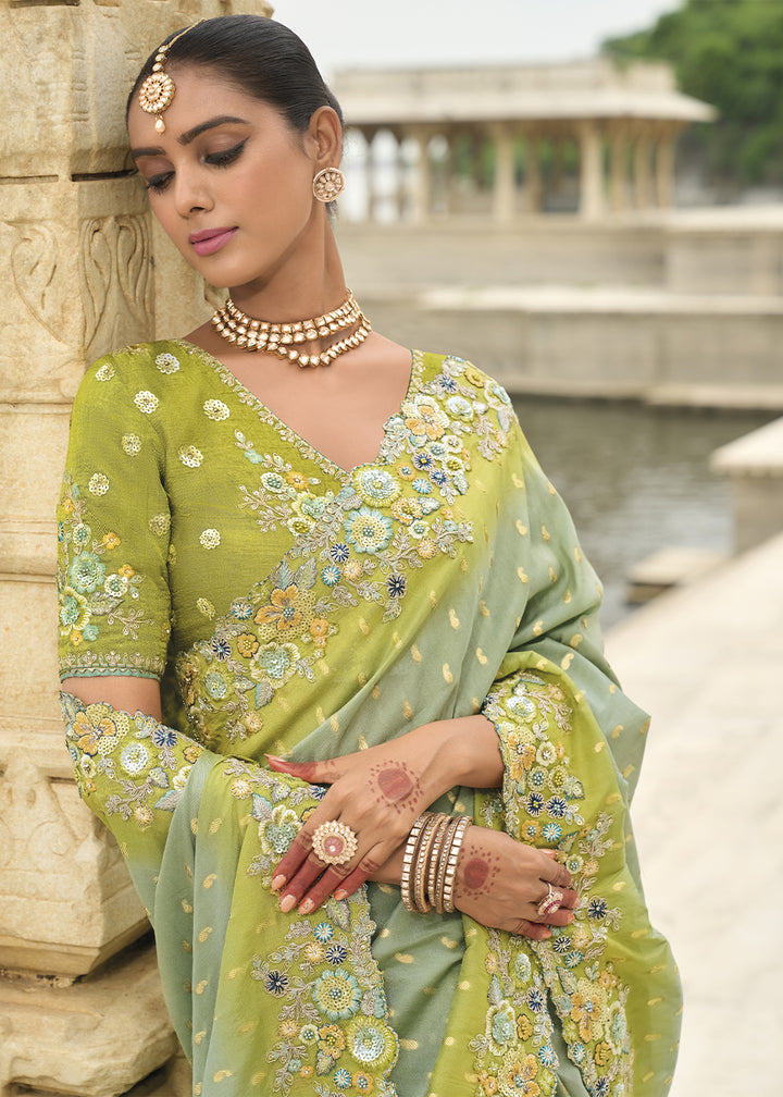 Pista Green Shaded Handcrafted Gadwal Silk Saree with Beautiful Embroidery