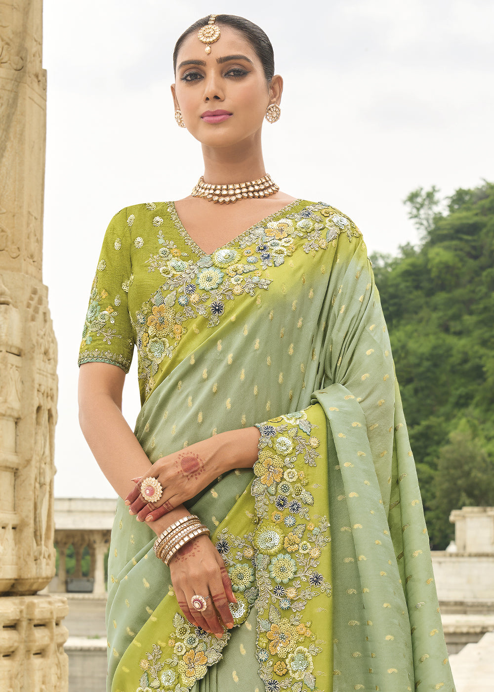 Pista Green Shaded Handcrafted Gadwal Silk Saree with Beautiful Embroidery