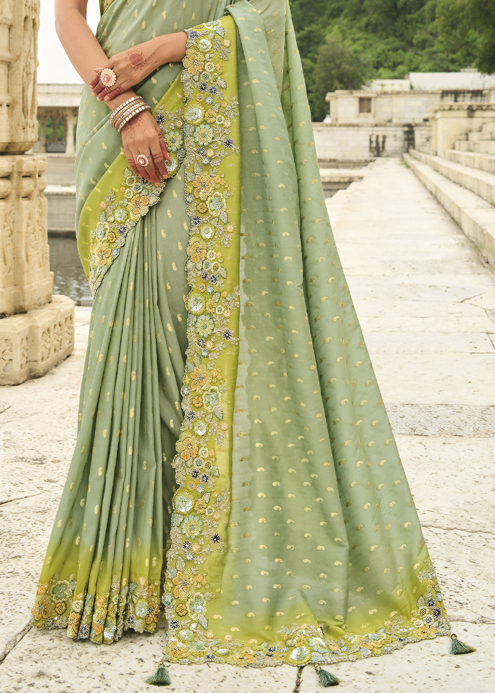 Pista Green Shaded Handcrafted Gadwal Silk Saree with Beautiful Embroidery