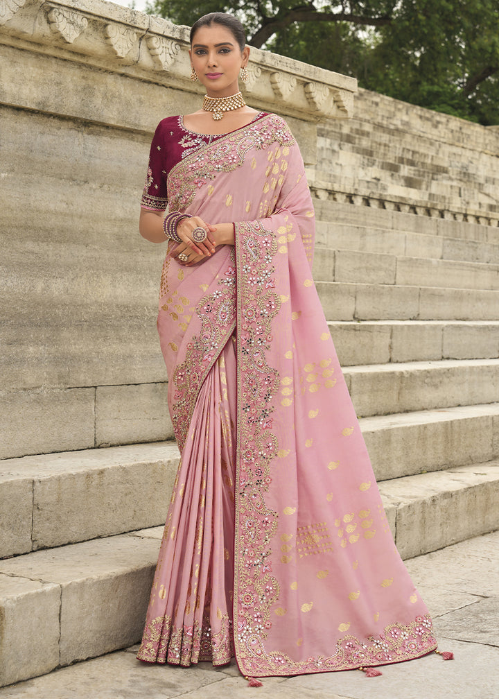 Flamingo Pink Handcrafted Gadwal Silk Saree with Beautiful Embroidery