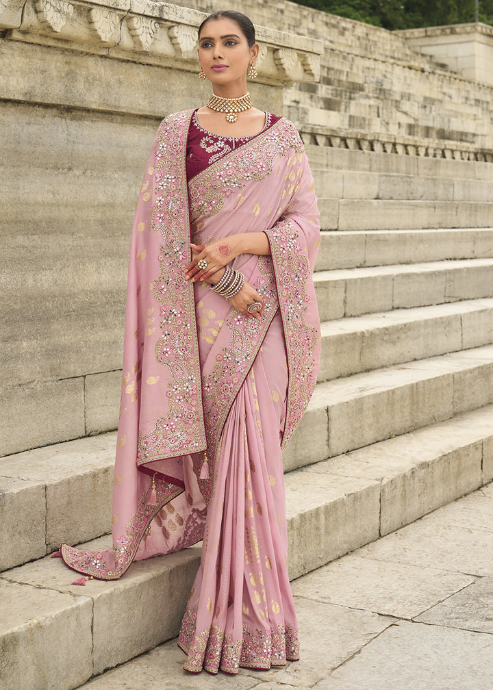 Flamingo Pink Handcrafted Gadwal Silk Saree with Beautiful Embroidery