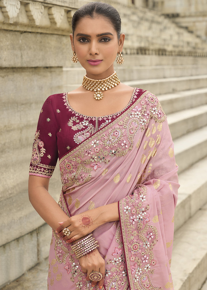 Flamingo Pink Handcrafted Gadwal Silk Saree with Beautiful Embroidery