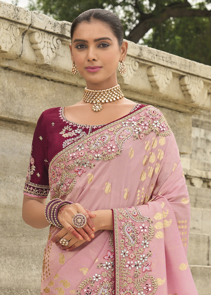 Flamingo Pink Handcrafted Gadwal Silk Saree with Beautiful Embroidery