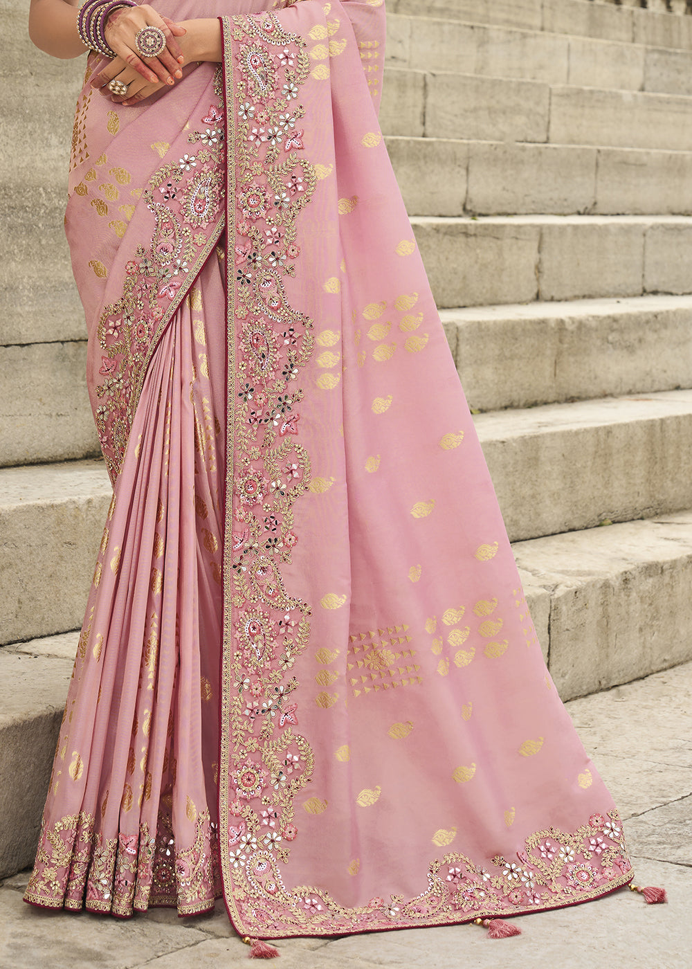 Flamingo Pink Handcrafted Gadwal Silk Saree with Beautiful Embroidery