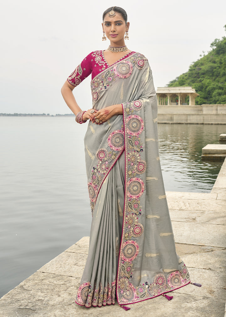 Koala Grey Handcrafted Gadwal Silk Saree with Beautiful Embroidery