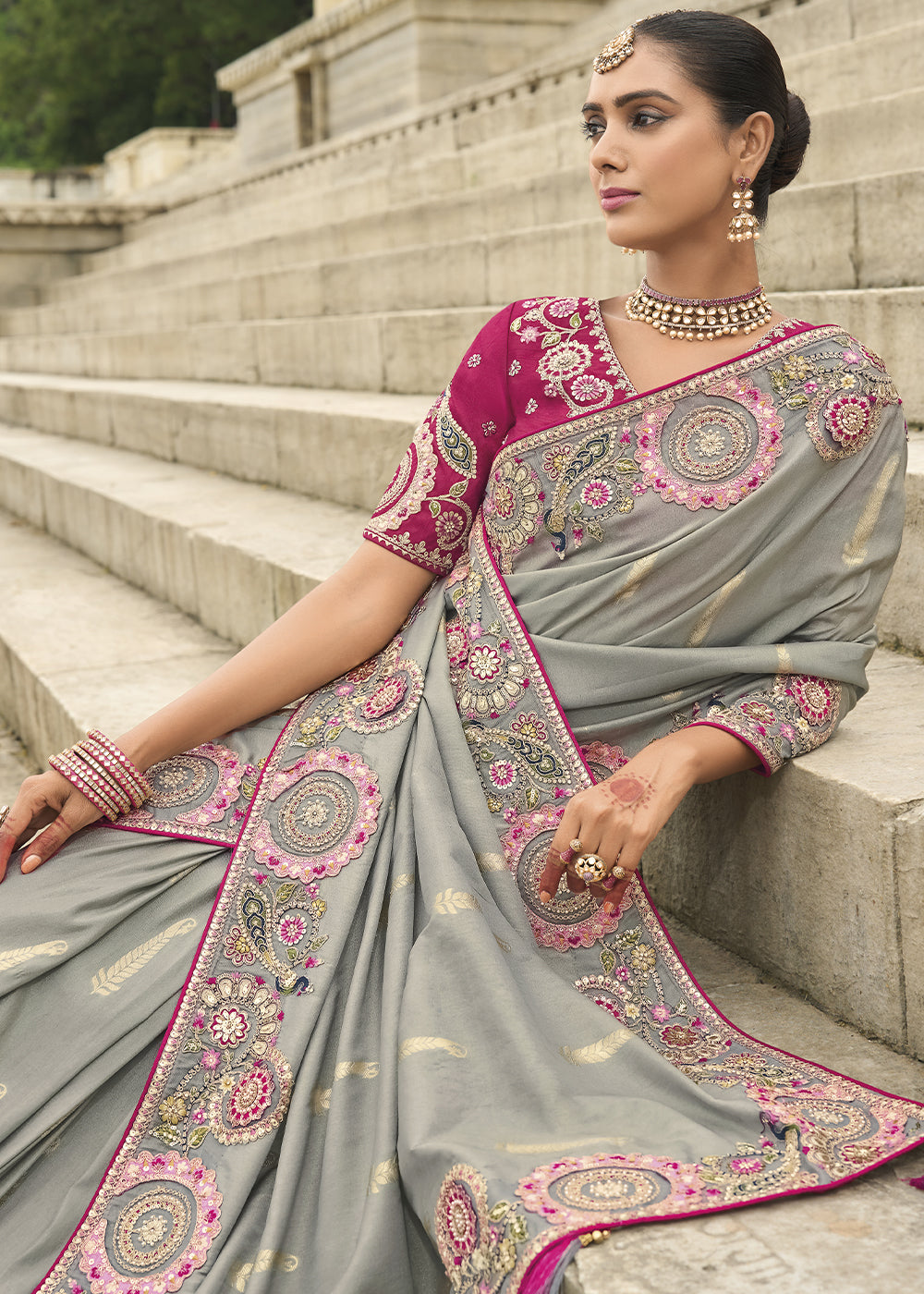 Koala Grey Handcrafted Gadwal Silk Saree with Beautiful Embroidery