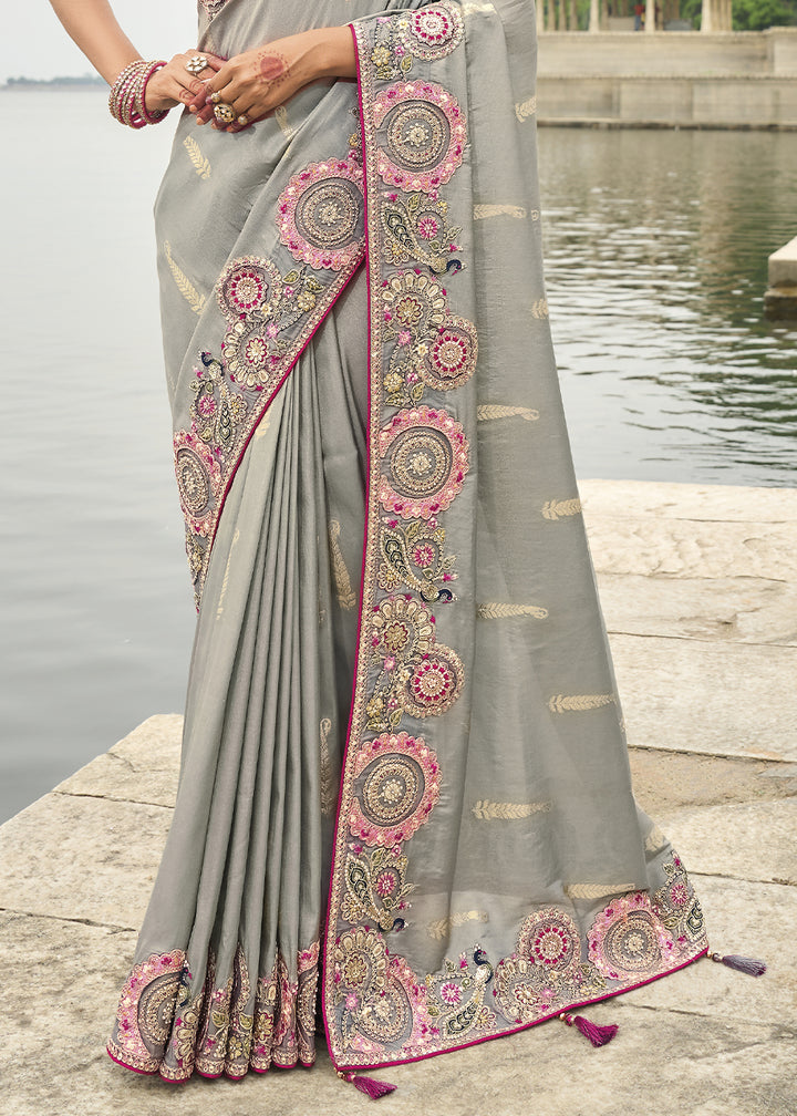 Koala Grey Handcrafted Gadwal Silk Saree with Beautiful Embroidery