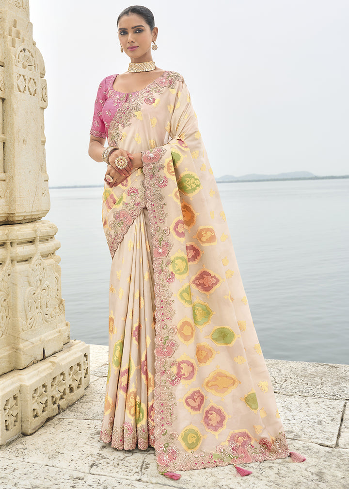 Off White Handcrafted Gadwal Silk Saree with Beautiful Embroidery