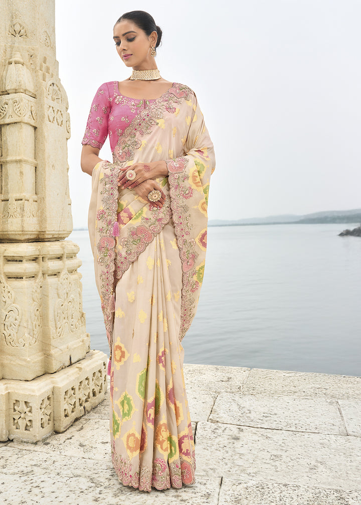 Off White Handcrafted Gadwal Silk Saree with Beautiful Embroidery