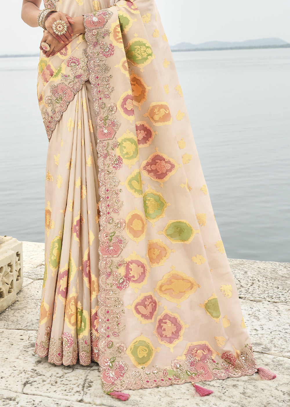 Off White Handcrafted Gadwal Silk Saree with Beautiful Embroidery